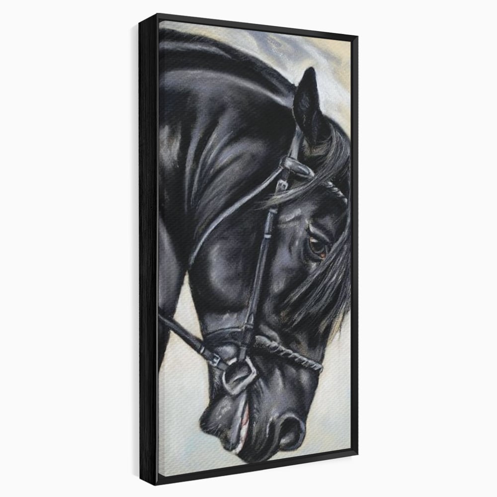 Tablou canvas cu tablou canvas cu pictura de armasar negru in profil, in rama de aluminiu negru